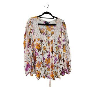 Angie Womens Floral Boho Peasant Top With Crochet Details Rayon IX